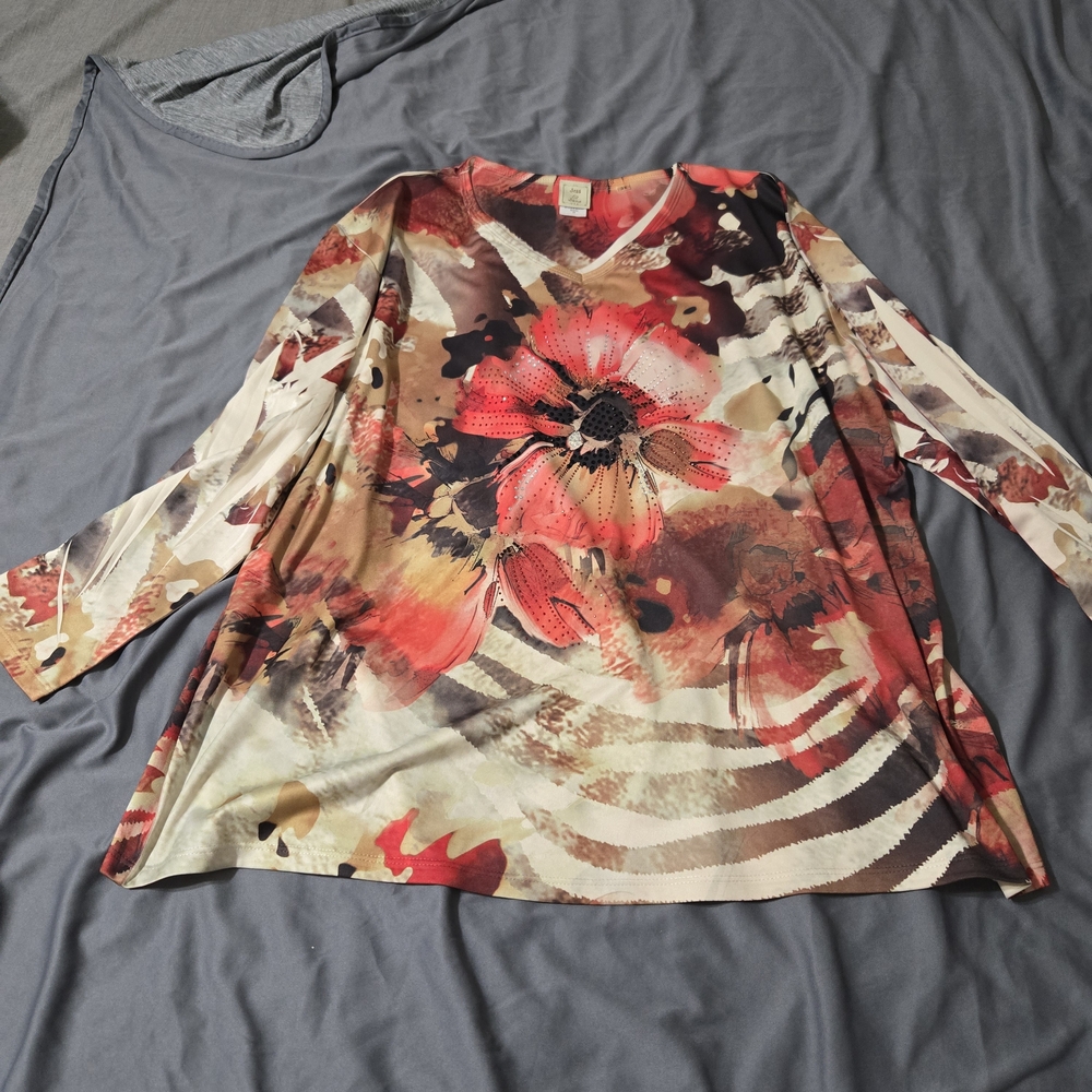 Jess & Jane Red Poppies Rhinestone Tunic Top Womens Size 3X Fairy 3/4 Sleeve